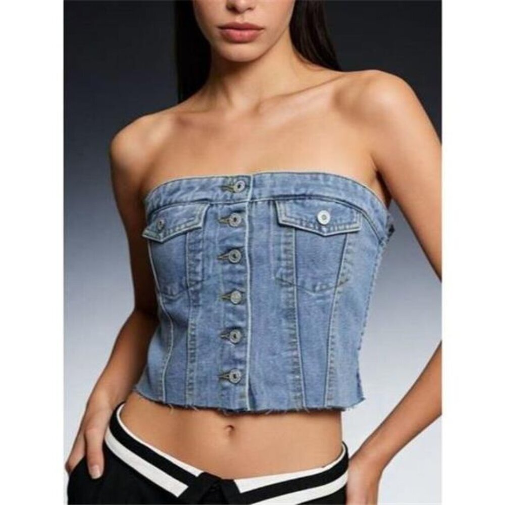 Button-Front Strapless Denim Top
